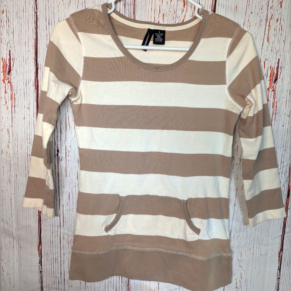 Jason Maxwell tan and white striped 3/4 sleeve shirt size small